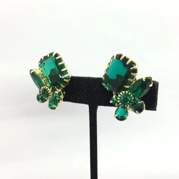 VINTAGE EMERALD Rhinestone Brooch  Earring Set Green Glass Prong Clip on MCM - Picture 6 of 16
